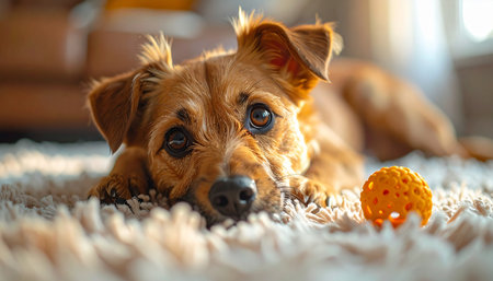 A small, adorable scruffy dog takes a quiet moment to rest on a soft, plush carpet. Bathed in the warm glow of afternoon sunlight, its expressive eyes gaze forward, a favorite orange ball nearby. This image captures a peaceful, heartwarming scene of domestic life and the simple joys of a pets companionship.の素材