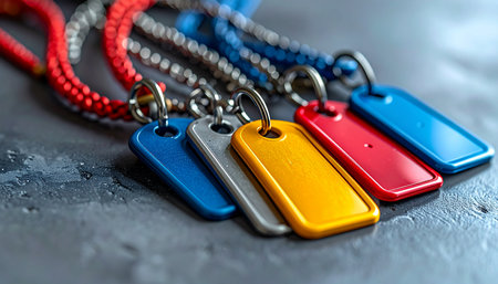 A vibrant collection of blank identification tags lies ready for personalization. Each colorful tag, from bold red to sunny yellow, offers a promise of identity and security, whether for a beloved pet or a set of keys, symbolizing choice and organization.の素材