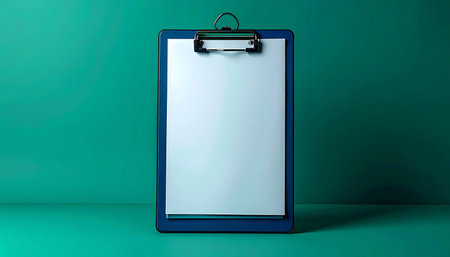 A professional blue clipboard holds a blank sheet of paper, poised against a vibrant green background. This minimalist setup evokes a sense of readiness and opportunity, perfect for concepts related to planning, new projects, medical reports, or official documentation.の素材