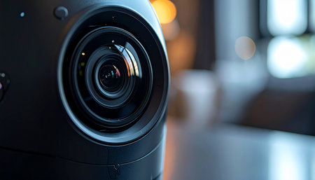 A detailed macro shot captures the intricate glass elements of a modern digital projector lens. The soft, warm bokeh in the background suggests a cozy home theater or a professional presentation space, ready to bring stories and ideas to life on the big screen.の素材