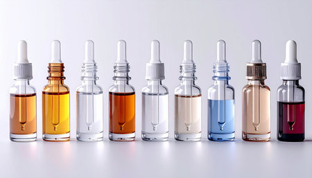 A precise lineup of cosmetic dropper bottles showcases a spectrum of potent serums and essential oils. Each vial represents a unique formulation for skincare, from hydrating hyaluronic acid to rejuvenating vitamin C, arranged neatly in a clean, clinical setting for beauty research and development.の素材