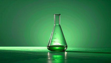 In a modern laboratory bathed in a green glow, a single Erlenmeyer flask holds a mysterious chemical solution. The scene evokes concepts of scientific breakthrough, environmental research, or the development of new biotechnology.の素材