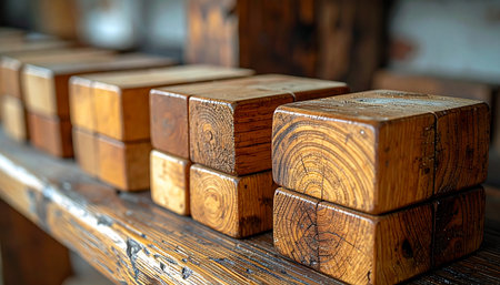 A row of precisely cut and finished wooden blocks sits on a rustic workbench, their rich grain glowing under the workshop light. Each block is a testament to skilled craftsmanship, ready to be assembled into a larger structure, symbolizing foundation, stability, and the art of building.の素材