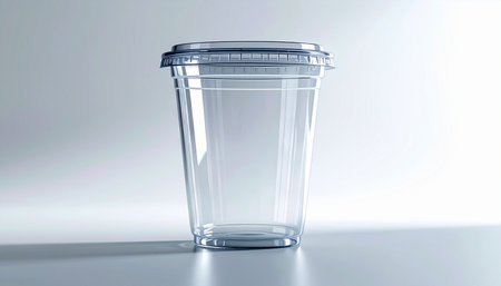 A pristine, empty plastic cup with a secure lid stands ready against a clean, minimalist background. This versatile mockup is a blank canvas, perfect for showcasing a coffee shops logo, a juice bars vibrant branding, or a new beverage product. Its clarity and simple design represent potential and a fresh start for any takeaway service.の素材