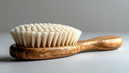 A beautifully crafted wooden hairbrush with soft, natural bristles rests on a clean surface. This classic grooming tool evokes a sense of gentle care, natural wellness, and sustainable beauty routines.の素材