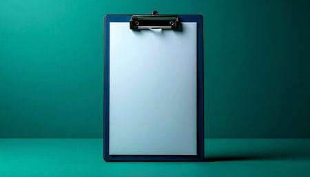 A blank clipboard stands ready against a solid green background, illuminated by a single light source. This minimalist setup is perfect for showcasing important documents, checklists, or a new plan, symbolizing a fresh start or a critical announcement waiting to be made.の素材