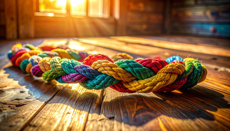 A beautiful braid of multi-colored yarn rests on a rustic wooden floor, bathed in the warm, golden light of a sunrise. The sunbeams create long shadows, highlighting the rich texture of the fibers and promising a day filled with creativity and cozy crafting.の素材