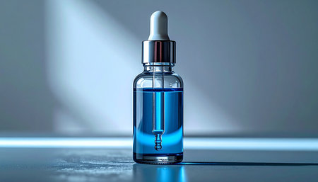 In a pristine, modern laboratory, a bottle of advanced blue serum stands ready. Its potent formula, a result of cutting-edge research, promises deep hydration and rejuvenation, embodying the future of scientific skincare.の素材