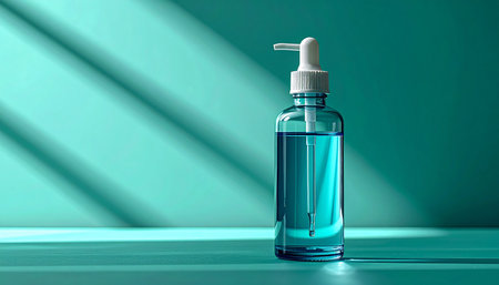 A sleek cosmetic pump bottle containing a vibrant blue serum sits on a matching teal surface. Dramatic diagonal shadows, suggesting morning sunlight through window blinds, cast across the scene, creating a minimalist and tranquil atmosphere perfect for beauty, wellness, and skincare concepts.の素材