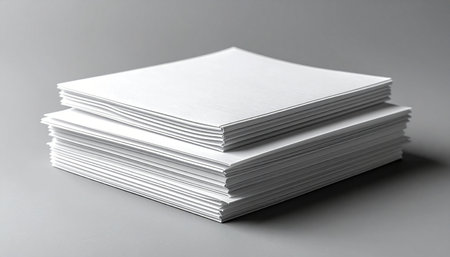 Two neat stacks of clean, blank paper rest on a neutral gray surface, waiting for ideas to be printed or written. This minimalist composition evokes a sense of order, potential, and the start of a new project, perfect for business, education, or corporate concepts.の素材