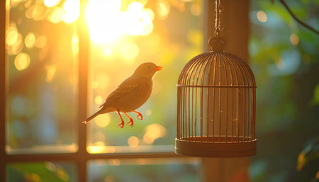 A small bird is silhouetted against the warm, golden light of a sunrise, hovering for a moment beside its open cage. This poignant scene captures a powerful metaphor for freedom, hope, and the courage to embrace a new beginning.の素材