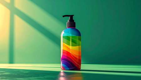 A vibrant, rainbow-colored pump bottle stands on a reflective surface, bathed in the warm glow of morning sunlight. The dramatic shadows and rich green background create a modern, stylish scene perfect for beauty, wellness, or pride-themed concepts.の素材