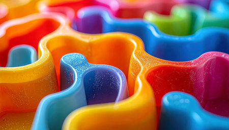 A vibrant, macro perspective reveals the intricate pathways of a colorful plastic maze. The interlocking shapes and winding channels suggest themes of problem-solving, journey, and finding a creative solution through a complex system.の素材