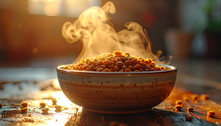 In a warmly lit kitchen, a rustic ceramic bowl presents a culinary spectacle. Billowing clouds of white smoke rise dramatically from a bed of toasted grains, hinting at a magical fusion of temperature and flavor. This is not just a meal its an experience, a moment of gastronomic alchemy where science meets art on the plate.の素材