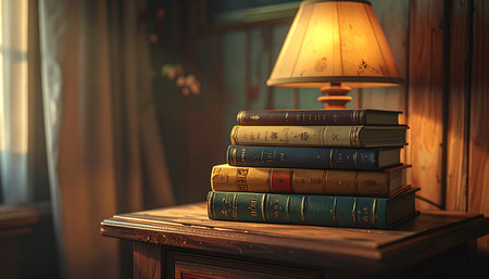 In a quiet corner of a study, a warm lamp casts a gentle glow over a stack of well-loved, antique books. The soft light invites a moment of peaceful reading and intellectual escape, creating a cozy and nostalgic atmosphere perfect for learning and relaxation.の素材
