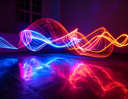 Streams of vibrant neon light dance and intertwine in the darkness, creating a dynamic wave of energy. This abstract long-exposure photograph captures the essence of data flow, technological innovation, and the fluid motion of pure energy, reflected on a glossy surface.の素材
