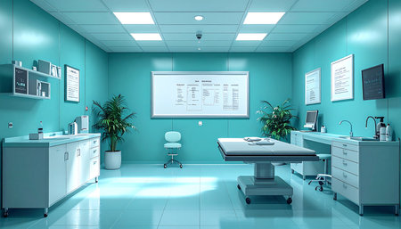 An empty, sterile autopsy room awaits the next stage of a scientific investigation. The cool, clinical lighting reflects off the pristine surfaces of the examination table and medical equipment, creating an atmosphere of quiet precision and solemn discovery.の素材