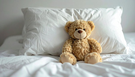 A beloved, fluffy teddy bear sits patiently on a soft white pillow, waiting for its friend to return. This gentle scene evokes feelings of childhood comfort, security, and the quiet nostalgia of a peaceful bedroom.の素材
