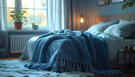 Soft morning light filters through the window, casting a peaceful glow on a cozy, unmade bed. A warm blue knit blanket is draped invitingly, promising a moment of quiet relaxation and comfort in this serene bedroom sanctuary. Its the perfect scene for a slow weekend morning.の素材