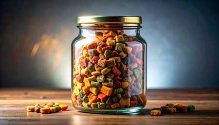 A glass jar filled with premium, colorful kibble sits on a wooden table, showcasing a commitment to wholesome and balanced nutrition for a beloved pet. The airtight seal promises freshness with every meal.の素材
