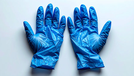 A pair of new, blue medical gloves lies ready on a sterile surface, a symbol of preparedness and safety in a clinical setting. They await the hands of a healthcare professional, ready to provide a crucial barrier against contamination.の素材