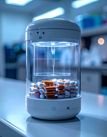 In a brightly lit, state-of-the-art laboratory, an AI-powered smart dispenser organizes and prepares a personalized regimen of medication. This device represents the future of healthcare, ensuring precision, adherence, and personalized care through advanced automation and technology.の素材