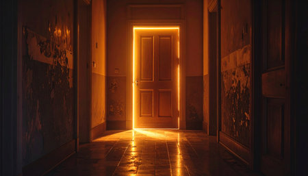 At the end of a silent, dark corridor, a single door radiates a warm, inviting glow. It stands as a mysterious portal, promising a new beginning, an unknown future, or the answer to a long-held secret, representing a step into a world of possibility.の素材