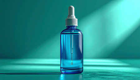 A single blue cosmetic bottle, filled with a potent serum, stands illuminated by a single beam of light. The scene evokes a sense of scientific breakthrough, purity, and the future of skincare and wellness.の素材