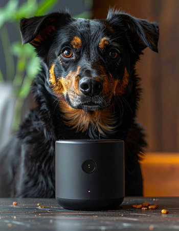 An intelligent black and tan dog rests its paws on a table, looking intently at the camera from behind a sleek, modern smart speaker. This portrait captures a moment of curiosity and the seamless integration of technology into modern pet-friendly homes, symbolizing companionship in the digital age.の素材