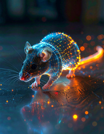 A luminous digital rat, composed of a glowing network of data points, scurries across a reflective surface. This image symbolizes concepts of scientific research, virtual experimentation, artificial intelligence, and the exploration of complex digital information systems.の素材