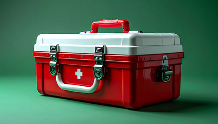 A classic red and white first aid kit stands ready against a solid green background. This essential medical box symbolizes preparedness, safety, and the immediate care needed in any emergency, whether at home, in the workplace, or on the road.の素材