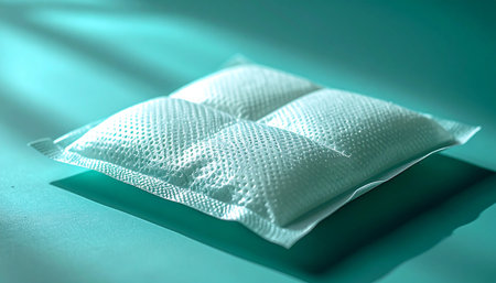 A single, sterile absorbent pad rests on a clean, teal surface, its textured quadrants catching the soft, clinical light. This minimalist composition evokes a sense of purity, innovation, and advanced care, ideal for concepts in healthcare, technology, and modern hygiene.の素材