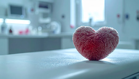 In a sterile, brightly lit laboratory, a unique model representing the fusion of emotion and intellect rests on a table. This heart-shaped brain symbolizes the profound connection between our feelings and thoughts, a focal point for research in neurology, psychology, and cardiology.の素材