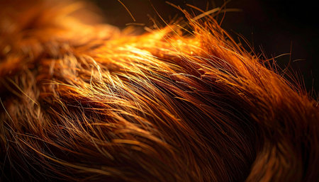 A macro photograph captures the intricate texture of animal fur, bathed in a warm, golden light. Each strand glows with life, creating a rich, abstract pattern that evokes feelings of comfort, nature, and the untamed beauty of the wild.の素材