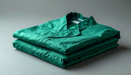 A set of luxurious emerald green silk pajamas is neatly folded, ready for a night of restful sleep. The smooth, lustrous fabric promises ultimate comfort and a touch of everyday elegance, a perfect indulgence for self-care.の素材