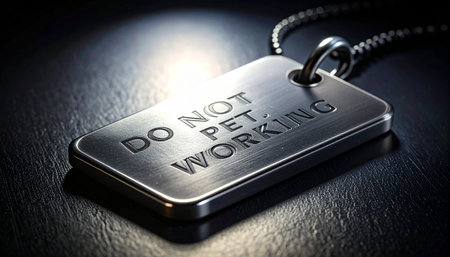 A spotlight dramatically illuminates a metal identification tag with the clear, engraved message - Do Not Pet Working. This powerful image symbolizes the discipline, duty, and importance of a service animal, serving as a crucial reminder to respect their focus and the vital role they play.の素材