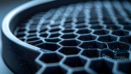 A macro photograph reveals the intricate and precise engineering of a futuristic honeycomb structure. Bathed in cool blue light, the repeating hexagonal pattern symbolizes strength, innovation, and the complex networks of modern technology and advanced materials.の素材