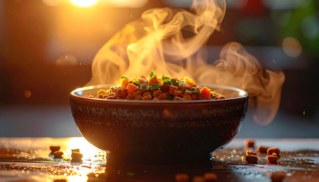 A culinary masterpiece comes to life in a dramatic display of heat and flavor. Flames and steam dance above a rustic bowl, promising an intense and unforgettable taste experience. This is more than a meal its a moment of pure gastronomic passion captured in a warm, moody glow.の素材