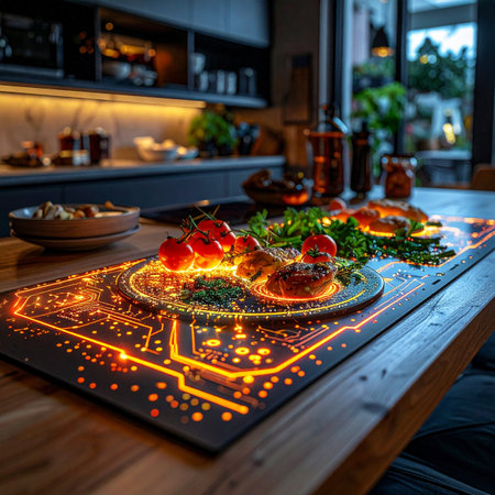 In a smart home of the near future, a gourmet meal is served not just on a plate, but on a canvas of light. A glowing circuit board placemat illuminates the fresh ingredients, symbolizing the perfect fusion of culinary arts and advanced technology.の素材