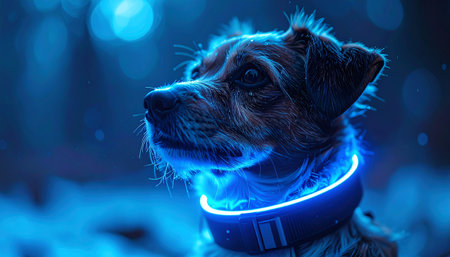 In a world illuminated by neon, a loyal canine companion stands watch, its glowing collar a beacon of safety and advanced technology. This image captures a blend of nature and futuristic innovation, perfect for concepts of pet safety, smart devices, and modern companionship.の素材