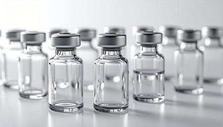 Rows of sterile, empty glass vials stand ready on a clean laboratory surface, awaiting the next breakthrough in pharmaceutical manufacturing. The shallow depth of field emphasizes the scale of production and the potential held within each container for new vaccines or medicines.の素材