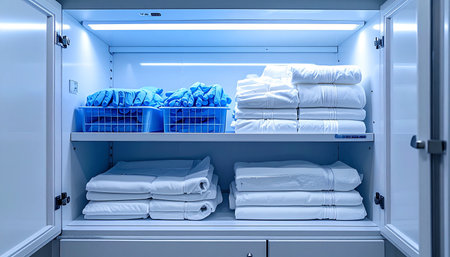 Inside an ambulance, a storage cabinet glows with a cool, sterile light, revealing meticulously organized linens and medical supplies. Every item is in its place, a testament to the preparedness and efficiency required for life-saving emergency response.の素材