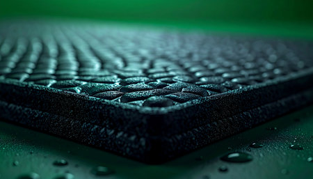 A macro photograph captures water droplets beading on a black, textured, non-slip surface. The scene is illuminated by a moody green light, emphasizing the materials resilience and hydrophobic properties, perfect for industrial or futuristic concepts.の素材