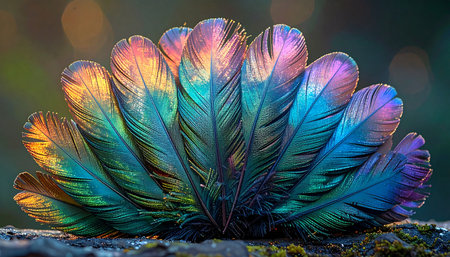 A fan of ethereal feathers catches the light, revealing a dazzling spectrum of iridescent colors. Each plume glows with a magical, otherworldly luminescence, creating a sense of wonder and fantasy against a soft, blurred background.の素材