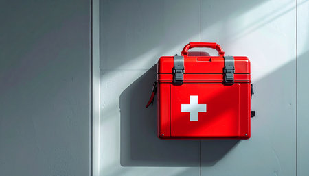 A bright red first aid kit hangs ready on a cool, minimalist wall, illuminated by a stark ray of sunlight. This powerful image symbolizes preparedness, safety, and the immediate availability of medical care in any home, office, or industrial setting.の素材