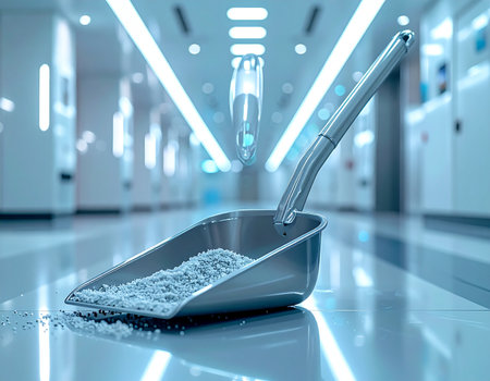 A metal scoop holds a sample of pure white powder, a key ingredient in a state-of-the-art laboratory. The futuristic, sterile environment with cool blue lighting suggests a focus on precision, innovation, and the future of manufacturing or pharmaceutical development.の素材