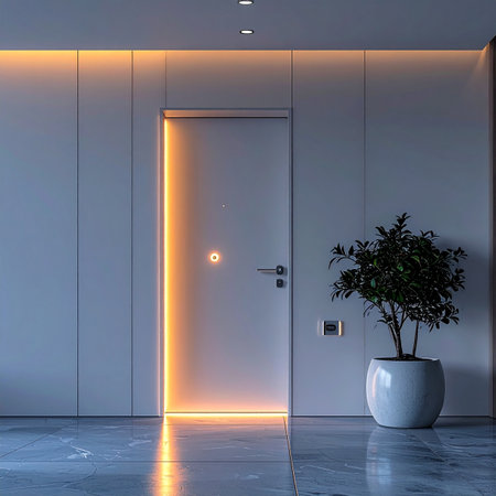 The threshold to the future is illuminated. A sleek, backlit door stands in a contemporary corridor, its warm light a stark contrast to the cool, ambient tones of the space, symbolizing a new opportunity or a mysterious passage.の素材