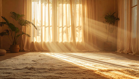 Golden morning light streams through sheer curtains, illuminating a soft, empty carpet. The warm sunbeams create a peaceful and hopeful atmosphere, perfect for concepts of new beginnings, mindfulness, and the quiet comfort of home.の素材