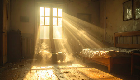 Golden sunbeams cut through the morning haze, illuminating dust motes dancing in the air of a quiet, rustic bedroom. The scene evokes a sense of peaceful awakening, hope, and the simple beauty of a new day beginning in solitude.の素材