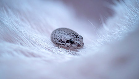 A detailed macro photograph captures an engorged tick attached to the white fur of a host animal. This image highlights the serious health risks posed by parasites, emphasizing the need for veterinary care, pest control, and disease prevention for pets.の素材